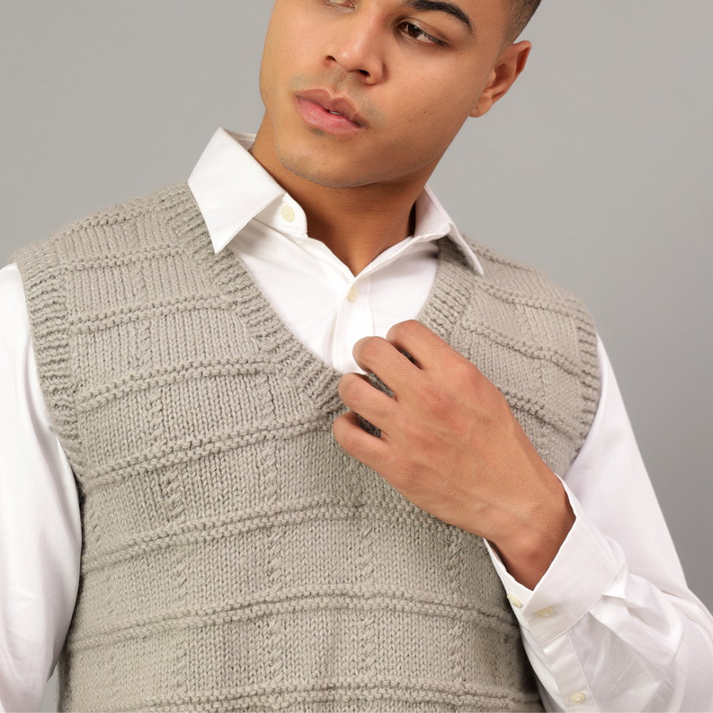 Men's Grey Woolen Sweater Vest - V-Neck Cozy Knit Pullover for Layering